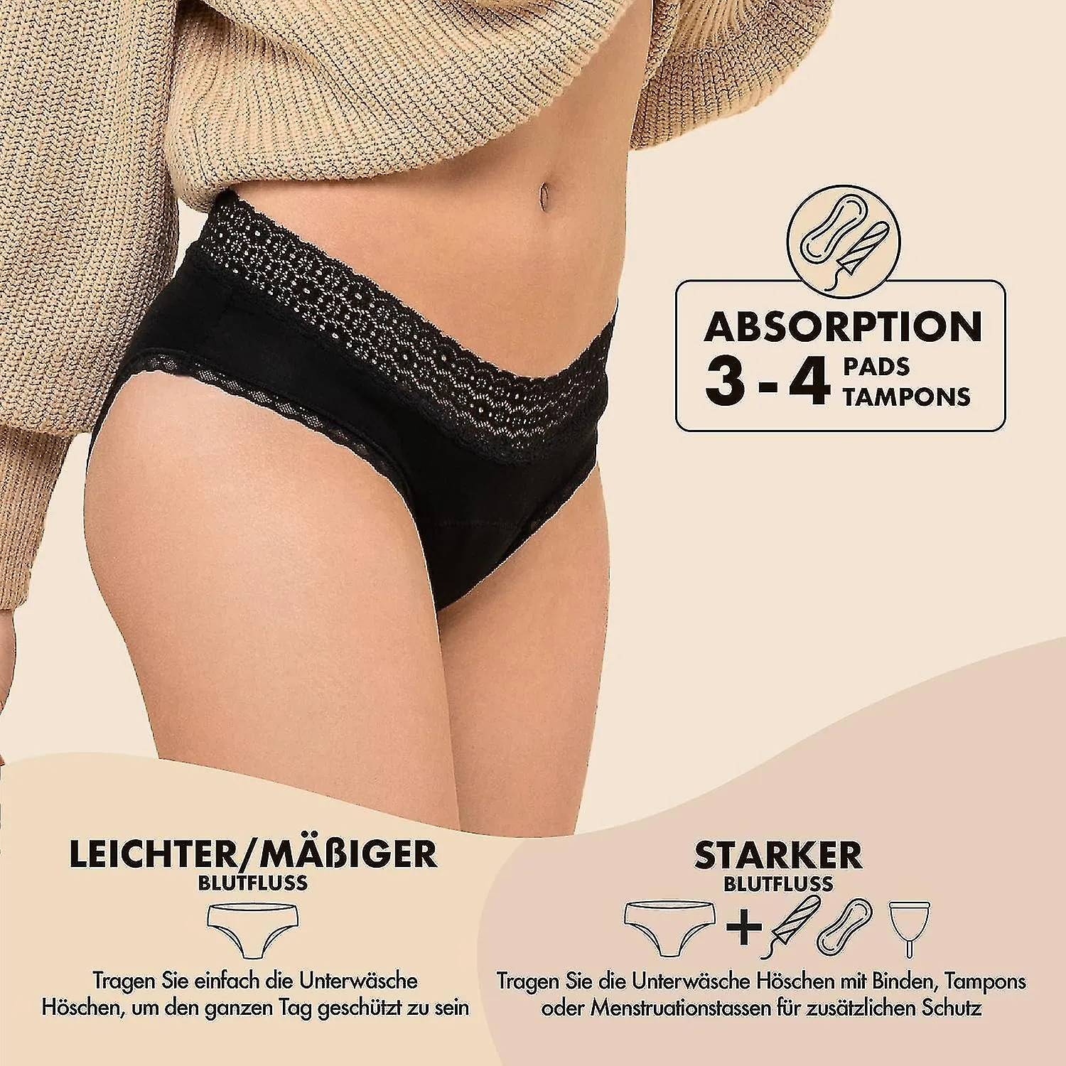 Set de ropa interior de período Algodón orgánico, ropa interior menstrual 4 capas a prueba de fugas, ropa interior higiénica lav
